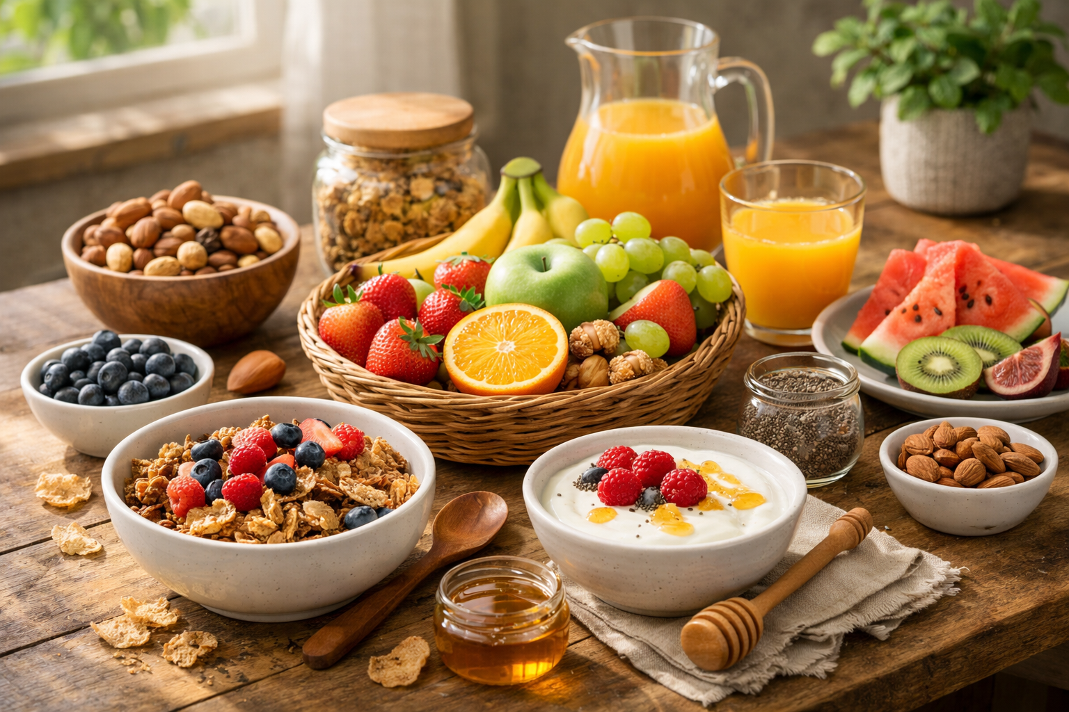 Morning breakfast table with fresh fruits, whole grain cereals, nuts and yogurt in natural daylight, healthy eating concept