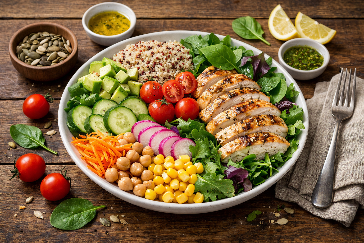 Fresh vegetable salad bowl with grilled chicken, quinoa and leafy greens on wooden table, healthy meal concept